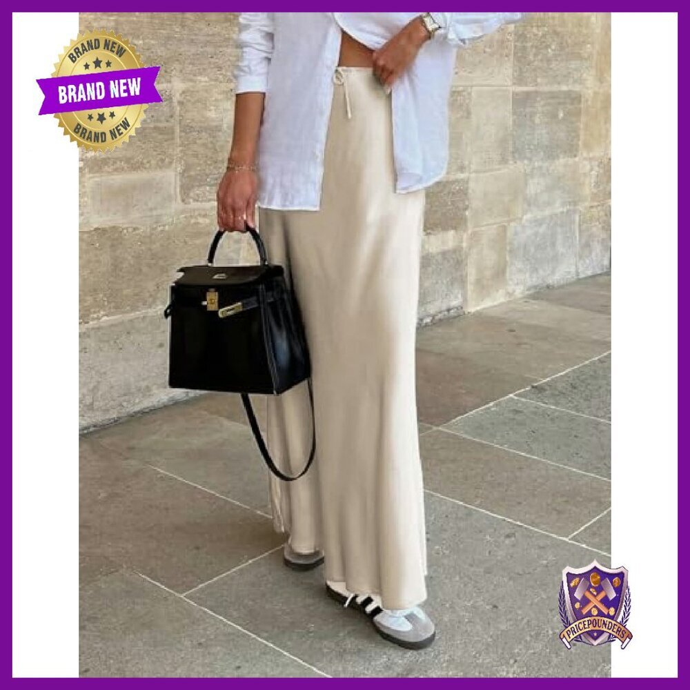 Satin Maxi Skirt High Waist Drawstring A-Line Flowy Long - Picture 4 of 8